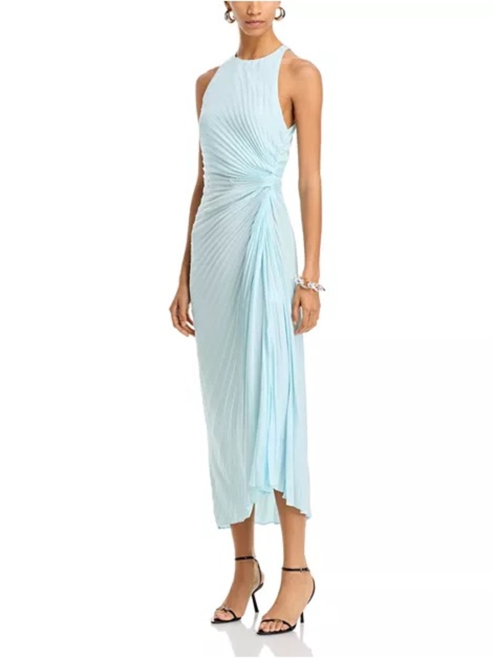 A.L.C. Pale Blue Pleated Knot-Detail Midi Dress